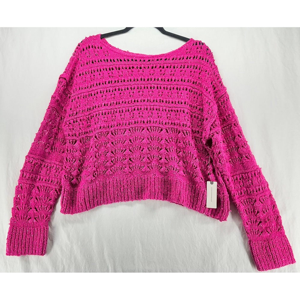 Anthropologie Pilcro Pink Open Knit Crochet Sweater Silver Fleck Vacation S NEW